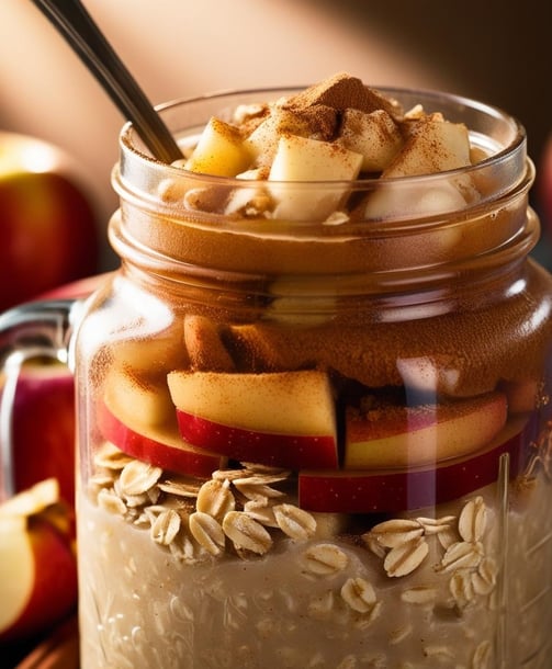 a jar of oatmeal with apples and cinnamons