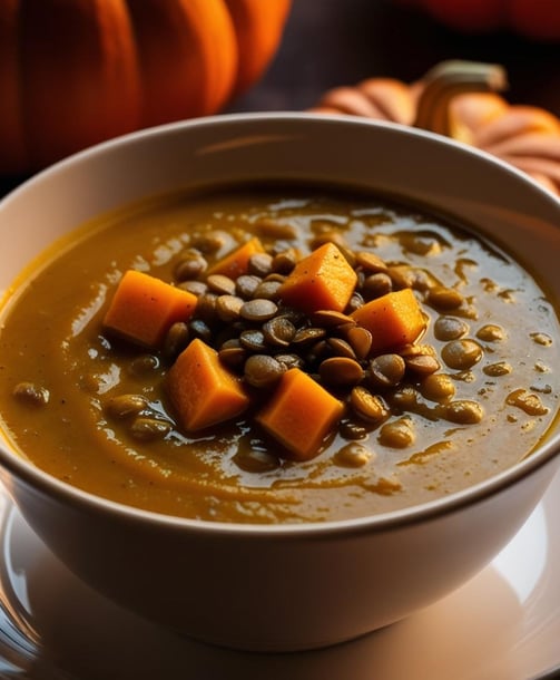 a bowl of soup with a pumpkin spiced up in the middle