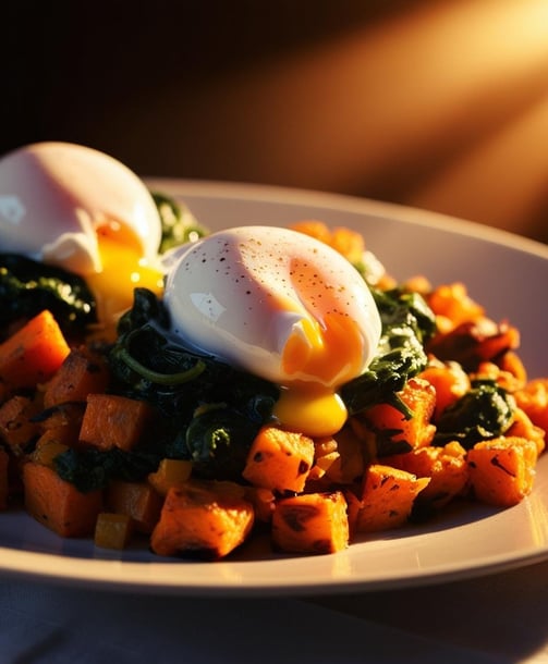 a plate of food with eggs and spinach