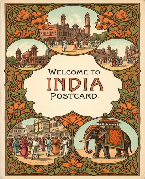"Vintage Art Nouveau postcard, Welcome to India, with Taj Mahal, palaces, and elephant vignettes