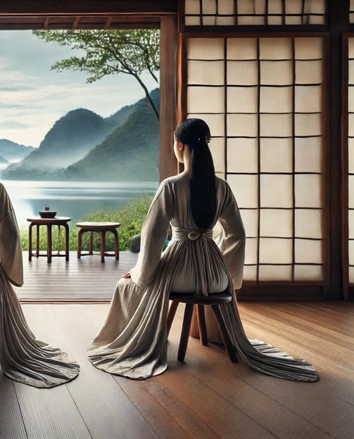 Ancient Chinese Lady meditating and fronting lake and mountain