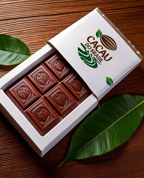 a box of chocolates with a leaf on top "CACAU DO BRASIL"