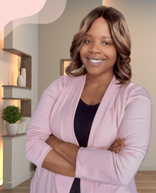 a black plus size woman nutritionist in a pink jacket and black top