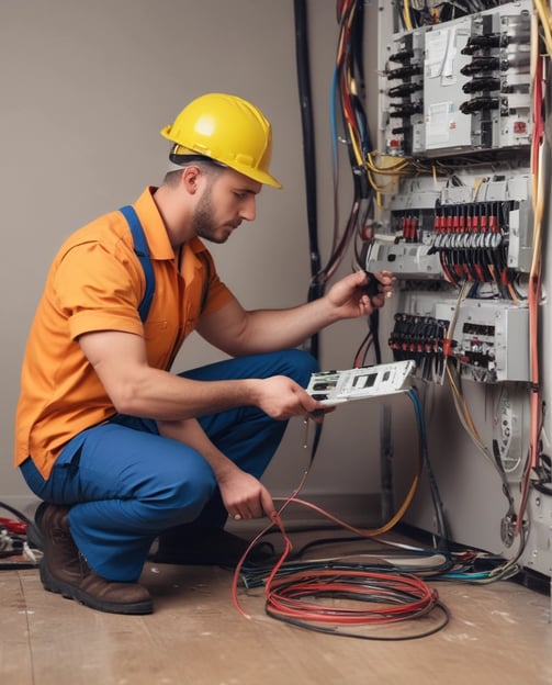 A person wearing a hard hat and a red and gray jacket with reflective stripes is working on an open electrical cabinet filled with various components and wires. The environment appears to be industrial with fluorescent lighting.