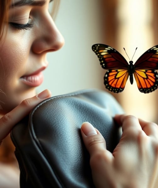 a woman holding a purse and a butterfly