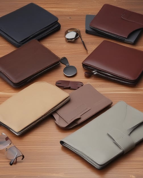 a bunch of wallets and sunglasses on a table by Herosleather HN