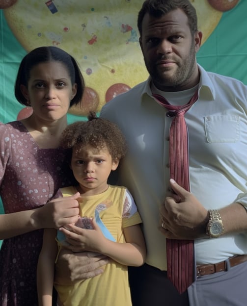 a man and woman standing with a little girl
