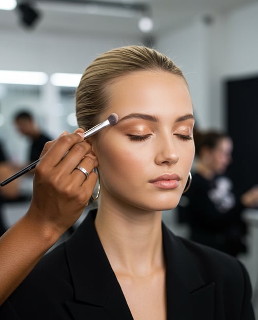 a woman is getting ready with a professional makeup artist