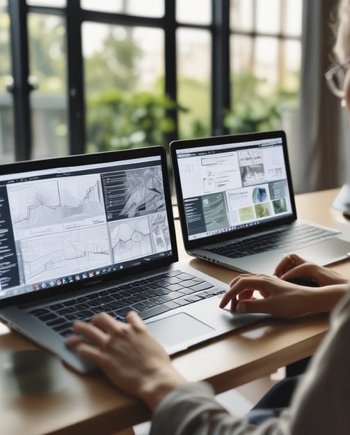 A person is using a laptop, working on graphic design, with three similar-looking design templates on the screen. The setting appears to be indoors with natural light coming through sheer curtains.
