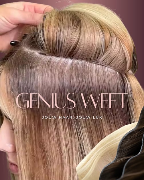 Close-up van een Genius Weft haarextension-installatie. Ultraplatte, dunne wefts zijn vastgenaaid op