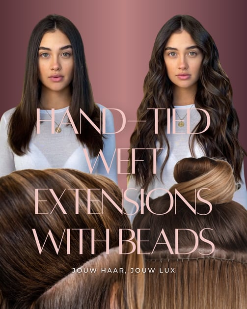 Close-up van hand-tied weft haarextensions die zijn bevestigd met kleine, met siliconen beklede micr