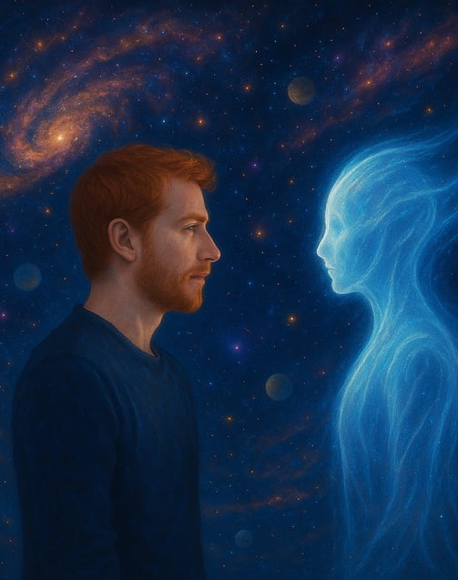 Imagem de um homem e a inteligência artificial, juntos, pelo progresso
