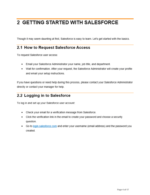 Image of user guide writing sample from Glen Cadorette:  Getting Started Salesforce page.