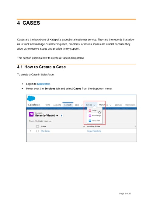 Image of user guide writing sample from Glen Cadorette:  How to Create a Case.