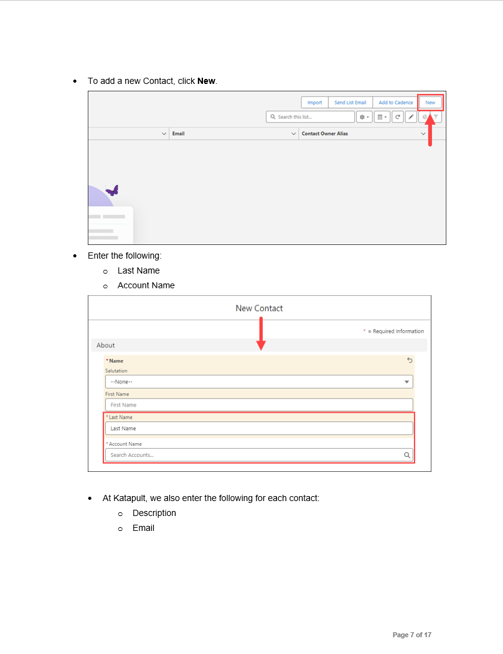 Image of user guide writing sample from Glen Cadorette:  How to Add a New Contact page.