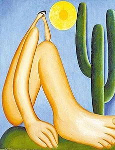 Obra "Abaporu": Pintura de uma figura humana com cabeça pequena e grandes pés, representando o moder