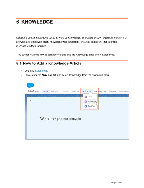 Image of user guide writing sample from Glen Cadorette:  How to Add a Knowledge Article page.