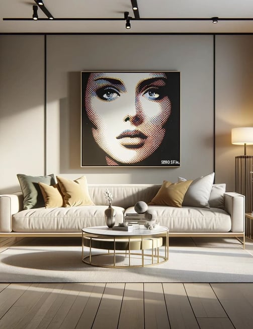 Sala com um quadro de uma mulher em Pop-Art.