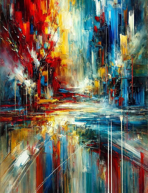 Obra de arte de uma pintura com pinceladas vibrantes e cores intensas, representando a terceira arte