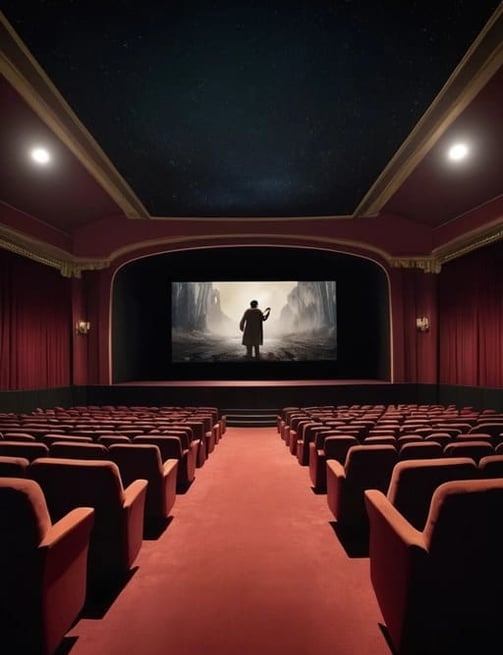 Tela de cinema exibindo uma cena dramática, com público assistindo em uma sala escura, representando
