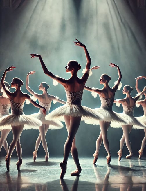 Bailarinos em trajes de balé, realizando uma coreografia no palco, simbolizando a expressão corporal