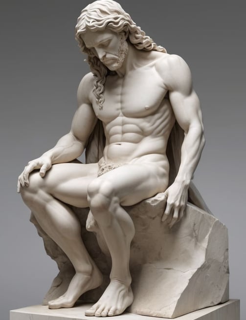 Escultura em mármore de uma figura humana, exemplificando o detalhamento tridimensional característi