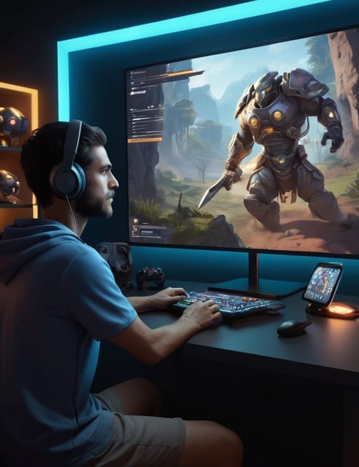 Jogador em frente a uma tela interativa com gráficos de um jogo digital, representando a imersão