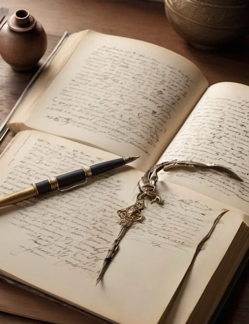Livro aberto em uma mesa com páginas escritas à mão, simbolizando o uso da palavra escrita