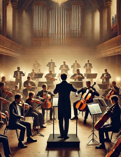 Imagem de uma orquestra sinfônica ao vivo, com músicos tocando violinos, violoncelos e outros