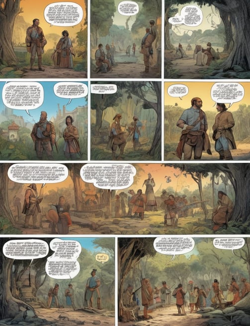 Página colorida de uma história em quadrinhos com ilustrações e balões de fala, destacando a arte