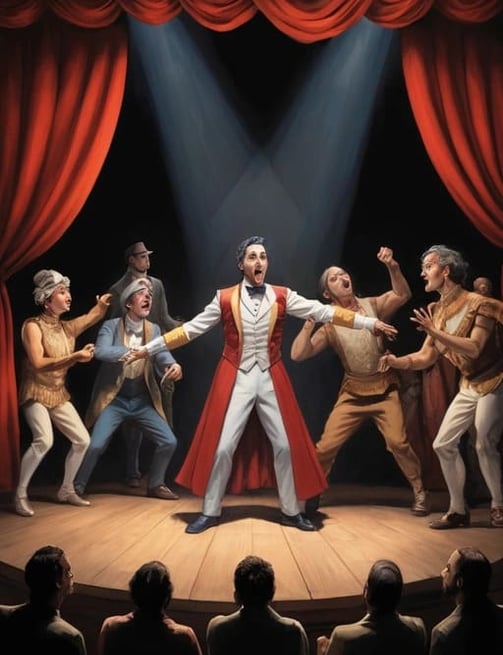 Atores em uma cena de teatro, performando no palco com figurinos de época, ilustrando o poder expres