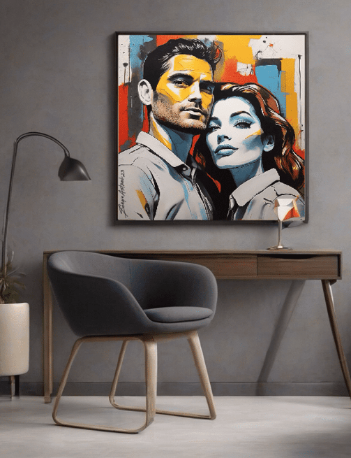 Quarto de casal com quadro romântico personalizado, capturando um momento especial do casal