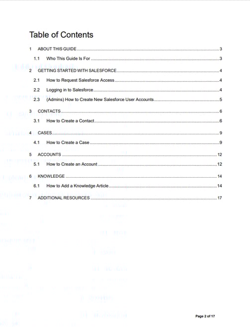 Image of user guide writing sample from Glen Cadorette:  Table of Contents.