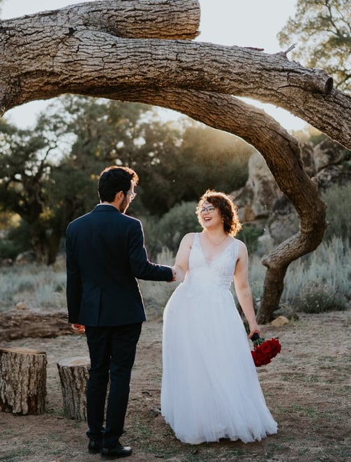 a bride and groom walking down a path in a desert