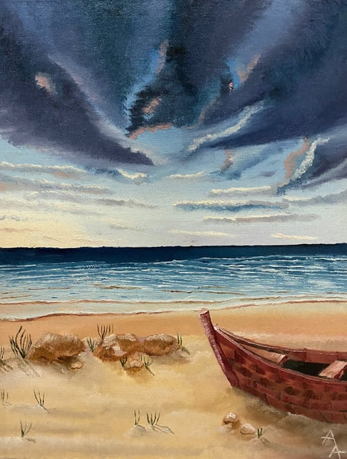 a painting of a boat on a beach