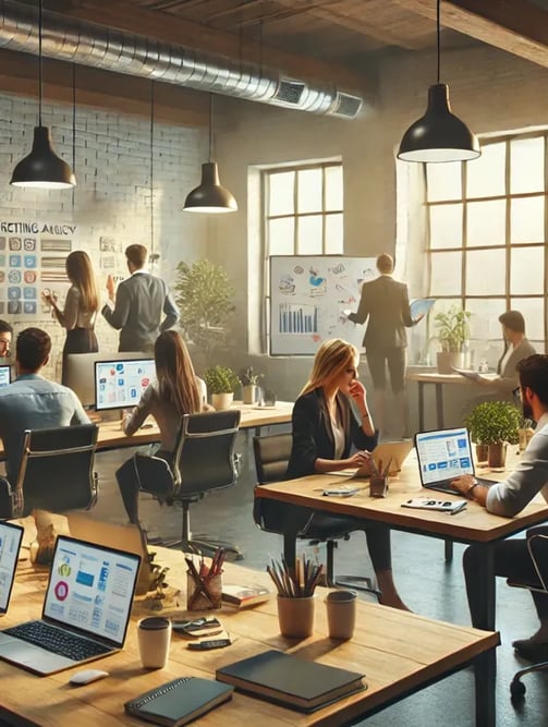 Modern marketing ügynökség csapata munka közben – KlikProfit iroda