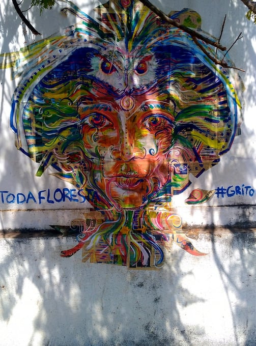 collage d'une peinture aux couleurs vives, où on peut distinguer un visage enraciné, une chouette ou encore une tête de cobra