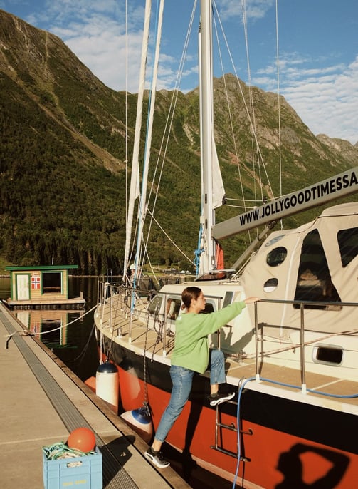 Georgina Amorós  boarding Jolly Good Times Sailing yacht for a Lofoten island-hopping adventure.