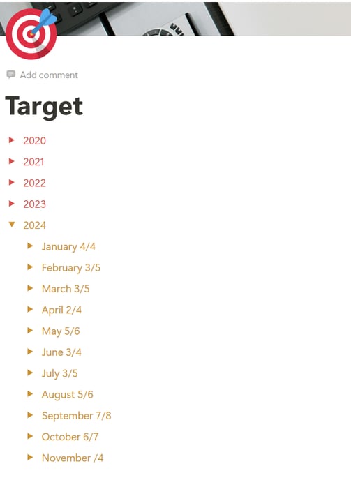 a calendar calendar with a target list of the month