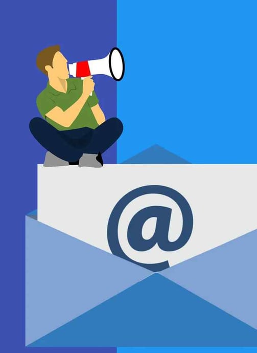 A graphic depicting a man using a megaphone sitting atop a giant email symbol, representing email marketing.