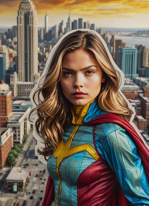 Portrait photo transformed into a woman in a superhero costume standing in front of a cityscapepe