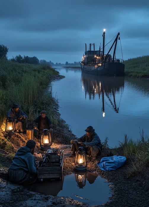 evening along the canal, oil lanterns reflecting in the still waters, workers seated by campfires