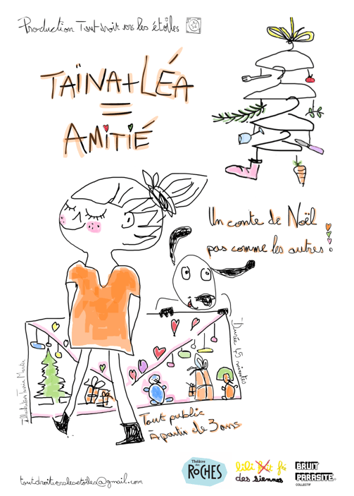 Affiche du spectacle Taina + Léa = Amitié, dessin petite fille, chien souriant, lettre géant