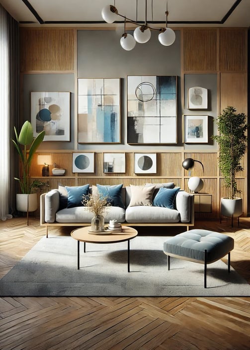 Sala de estar moderna com decoração artística, quadros abstratos em tons de azul e cinza na parede