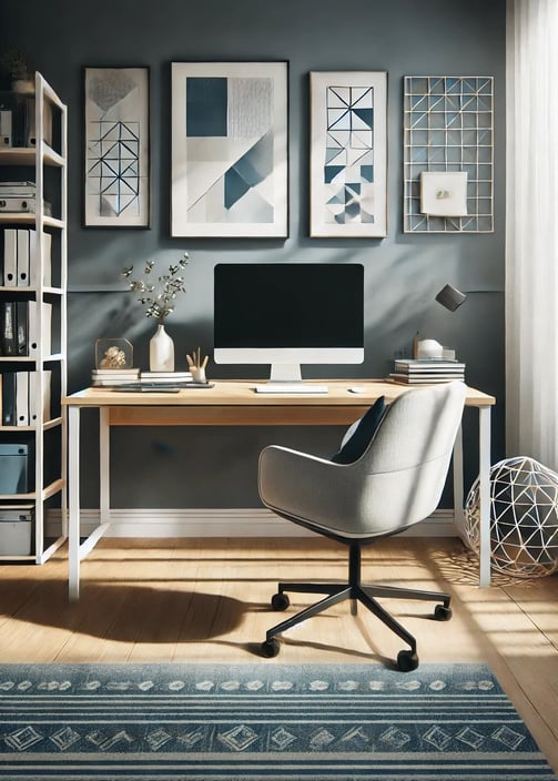 Home office vertical minimalista com decoração geométrica e iluminação natural.