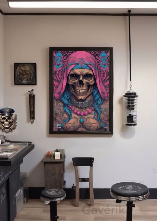 Ambiente descolado com ilustrações de caveiras, criando uma atmosfera única para tatuagens.