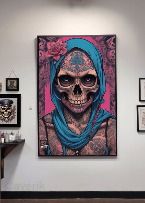 Detalhe da decoração: quadros que capturam a essência da cultura tatuadora na parede.
