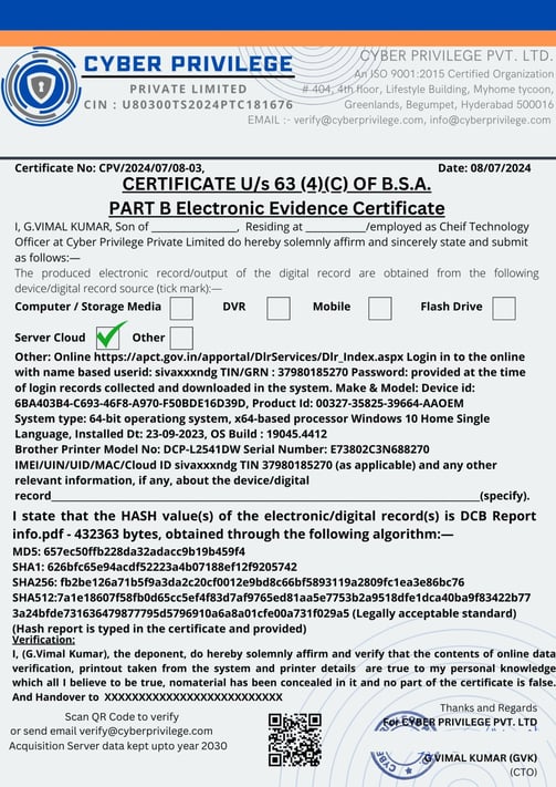 Electronic Evidence Certification Us 63 4 (C) of B.S.A 2003 Act Part-B Cyber Privilege