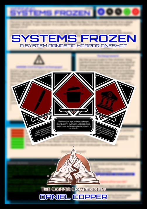 The cover of SYSTEMS FROZEN, showing a blurred version of the game with a spread of character cards in front of it.