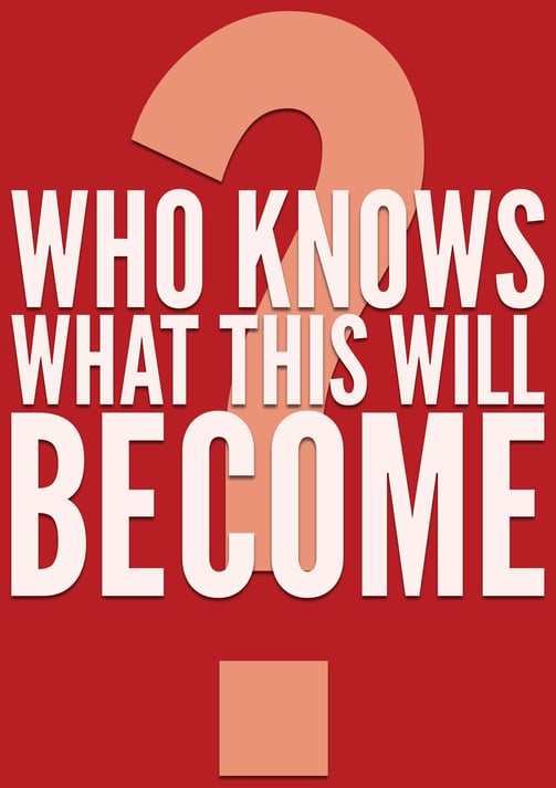 A placeholder cover, reading "who knows what this will become". The background is a bold red.